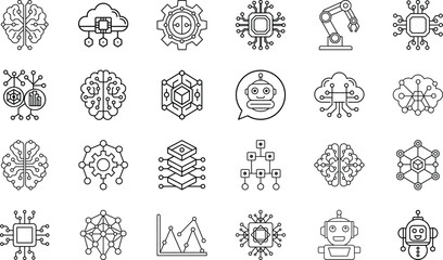 Artificial Intelligence Chip, Neural Network Brain, Cloud Technology, Data Analytics, Robotics Automation, Chatbot Assistant, Blockchain, IoT, Deep Learning, and Smart Digital Innovation Vector Set