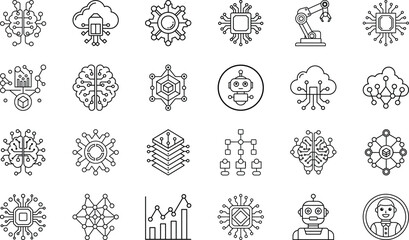 Artificial Intelligence Chip, Neural Network Brain, Cloud Technology, Data Analytics, Robotics Automation, Chatbot Assistant, Blockchain, IoT, Deep Learning, and Smart Digital Innovation Vector Set