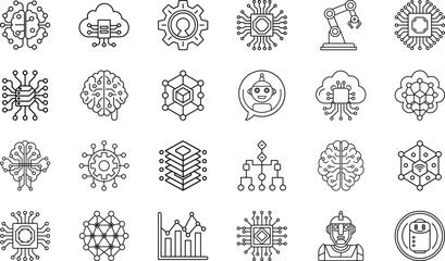 Artificial Intelligence Chip, Neural Network Brain, Cloud Technology, Data Analytics, Robotics Automation, Chatbot Assistant, Blockchain, IoT, Deep Learning, and Smart Digital Innovation Vector Set