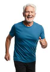 Senior man running in sportswear. Elder man cut isolated on transparent background