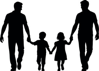 Vector art of silhouette of two fathers holding hands with their two children transparent background