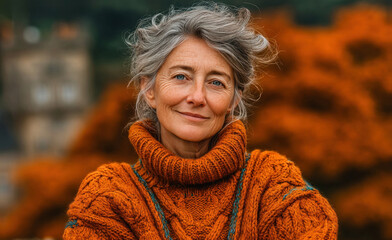 Elegant older woman with silver hair and calm expression wearing warm knit sweater in front of vivid orange autumn foliage Generative AI