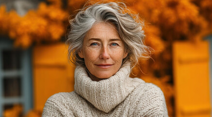Confident older woman with gray hair and soft smile wearing knit sweater and scarf standing near tall grass and autumn trees Generative AI