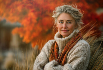 Confident older woman with gray hair and soft smile wearing knit sweater and scarf standing near tall grass and autumn trees Generative AI
