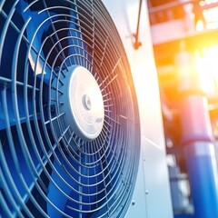 Close-up of a large industrial fan with blue blades against a bright, blurred background of pipes and machinery, sunny light