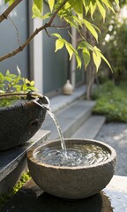 Tranquil garden water feature with flowing stream and lush greenery