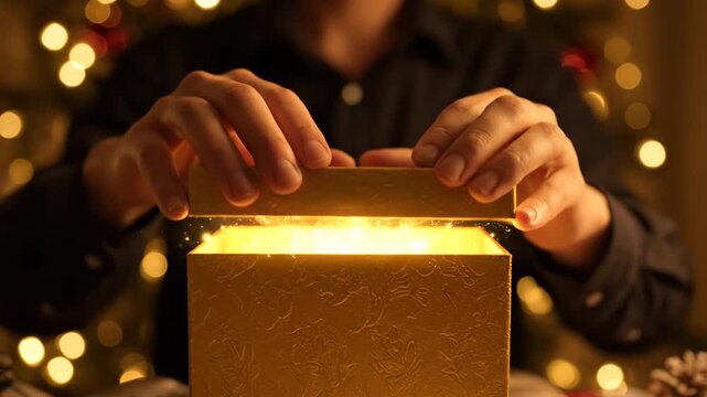 Magical holiday scene with hands opening a golden gift box revealing sparkling lights and glowing particles, set against a warm, festive background with twinkling bokeh lights and cozy atmosphere
