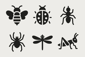 Silhouette icons of insects: bee, ladybug, ant, spider, dragonfly, grasshopper