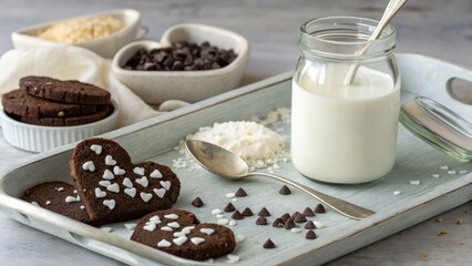 Heart shaped chocolate cookies with milk and baking ingredients