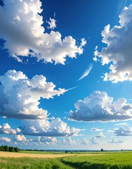 Fototapeta premium A vast bright blue sky filled with puffy white cumulus clouds stretching over a bright green landscape and horizon