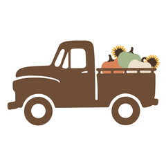 Illustration of a brown vintage truck carrying pumpkins and sunflowers in the truck bed design element