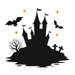 Silhouette of a spooky halloween castle with bats, tombstones, and a bare tree under a starry night sky