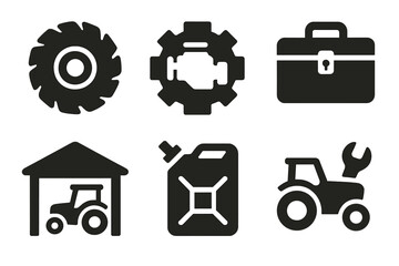 Agricultural icon set: tractor, engine, toolbox, workshop, fuel canister, repair symbol