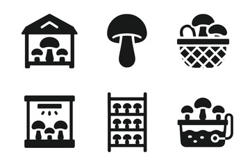 Naklejka premium Mushroom farming icons: basket, storage, indoor, racks, growing setup illustrations