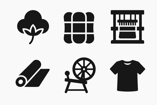 Textile production icons: cotton, loom, fabric roll, spinning wheel, t-shirt symbol