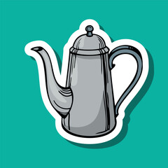 A vintage silver teapot with a long spout and a decorative lid. The teapot is illustrated on a bright turquoise background.