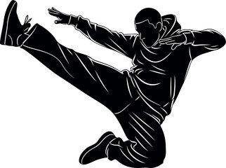 Vector art of silhouette of a man performing a martial arts kick, transparent background