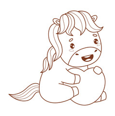Outline Romantic Horse with Heart. Adorable Little Pony Kawaii Animal. Line drawing, coloring book. Vector illustration. Kids collection. Not AI