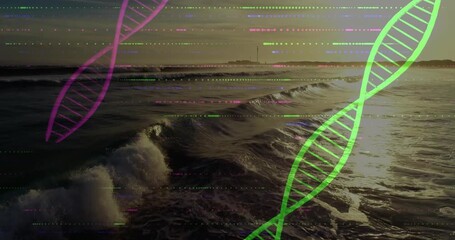 Sun dipping lower starting magenta green helices pulsing, waves rising and glitch bars flickering - Powered by Adobe