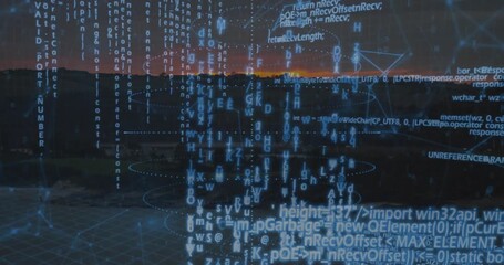 Rising code streams sparking grid fading revealing horizon behind rotating wireframe sphere - Powered by Adobe