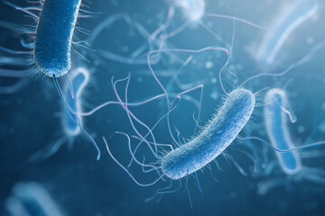 Salmonella bacteria under an electron microscope. Visible flagella and detailed cellular structures in a blue scientific background