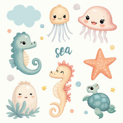cute sea ​​animal vector cartoon set