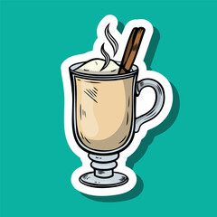 A glass of creamy beverage topped with whipped cream and a cinnamon stick. The drink is warm and inviting, set against a bright turquoise background.