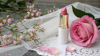Elegant pink lipstick with rose and delicate flowers