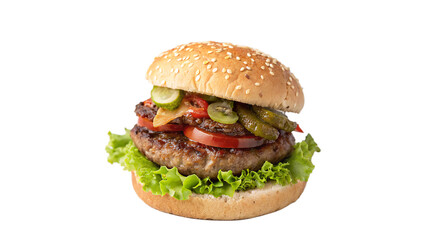 Delicious burger with fresh ingredients served on a sesame seed bun with lettuce and pickles On a transparent background