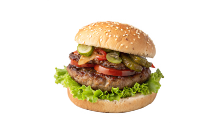 Delicious burger with fresh ingredients served on a sesame seed bun with lettuce and pickles On a transparent background