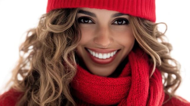 A woman wears a bright red hat and matching scarf in this outdoor scene