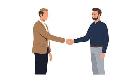 Fototapeta premium Two businessmen in smart casual attire shaking hands, symbolizing a partnership, agreement, or successful deal on an isolated white background.