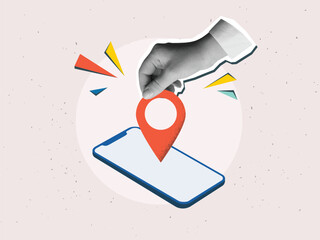 Black and white hand puts a red location pin on a phone screen. Destination mark on a smartphone. Modern photo collage style. Vector illustration