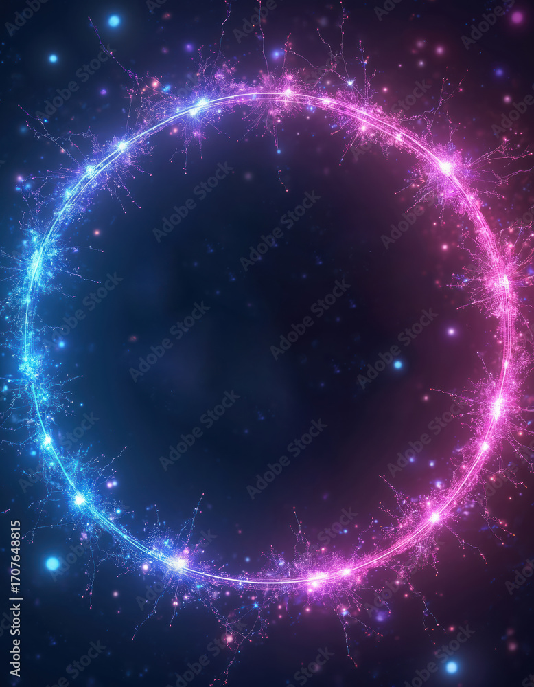 Poster vibrant circular frame formed by glowing blue, purple plexus network on dark background. abstract te