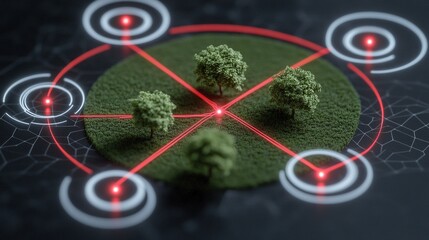 Circular green land with trees connected by glowing red lines to futuristic digital network points and target indicators