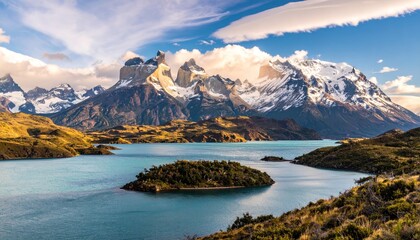 Serene mountain landscape featuring a vibrant blue lake nestled amongst golden hills under a cloudy sky at the base of snow-capped peaks