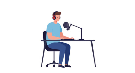 Flat vector illustration of a young man with headphones recording a podcast or streaming at his desk with a microphone.