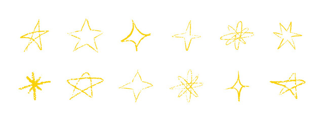 Chalk stars doodle collection. Crayon drawn sparkle, glitter, shine and glowing sketch symbols. Grunge hand drawn textured set of star icons. Vector illustration isolated