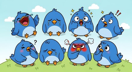 Naklejka premium A collection of cartoon birds displaying various expressions, including joy, sadness, anger, and surprise, against a light pastel backdrop.