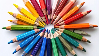 Fototapeta premium Brightly colored pencils arranged in a circular pattern on a white background, showing a range of hues and pencil tip details