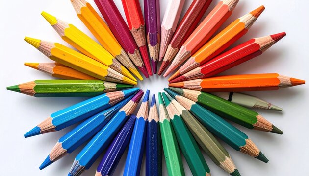 Brightly colored pencils arranged in a circular pattern on a white background, showing a range of hues and pencil tip details