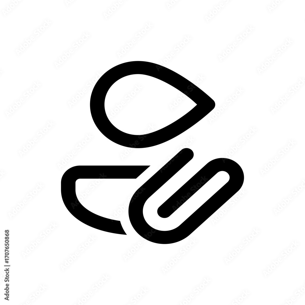 Poster abstract depiction of a teardrop shape above a curved shape with parallel lines in bold outline styl