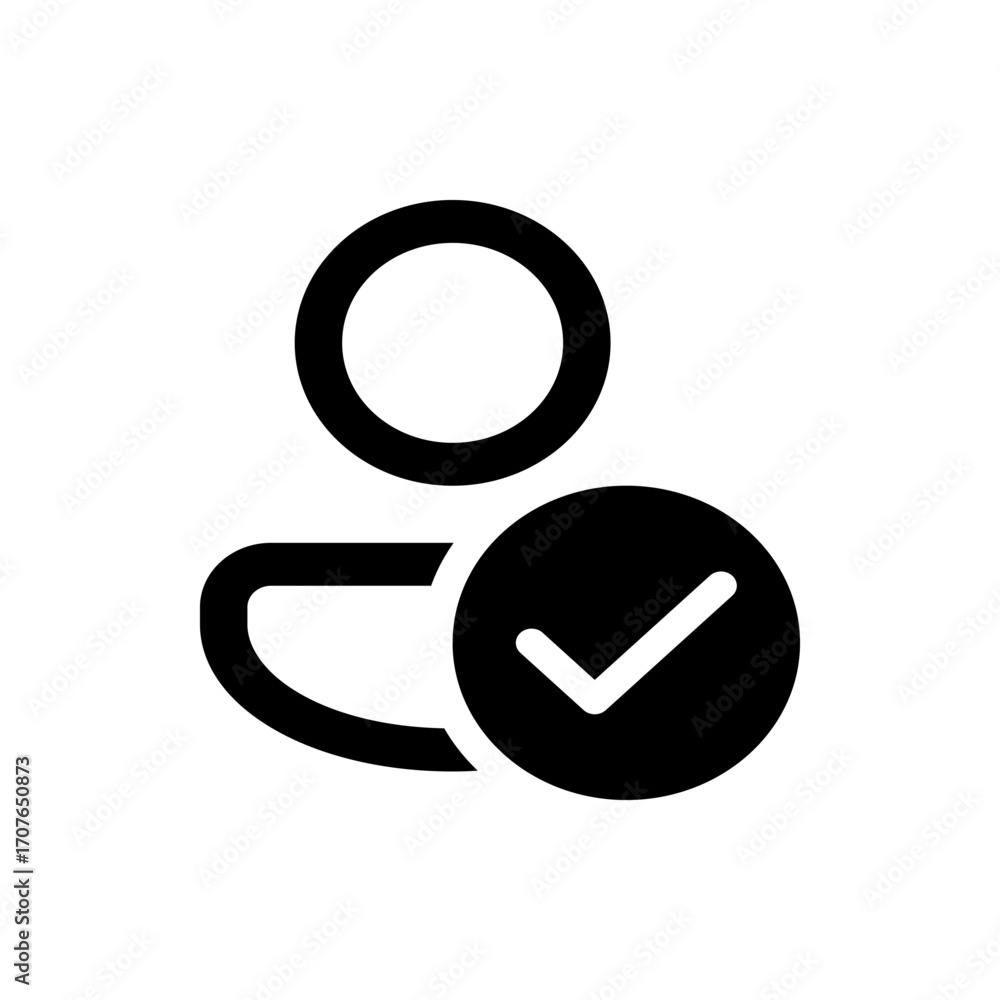 Poster Person icon with a check mark indicating approval or completion in a simple black and white design style
