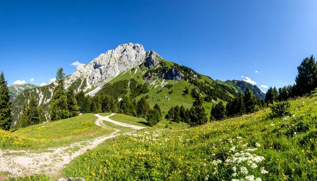 Panoramic view of a mountain range, with a grassy meadow and trail leading towards the peak under a clear blue sky - Powered by Adobe