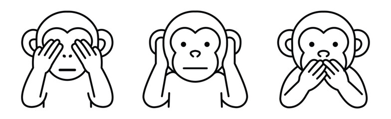 three wise monkeys line icons