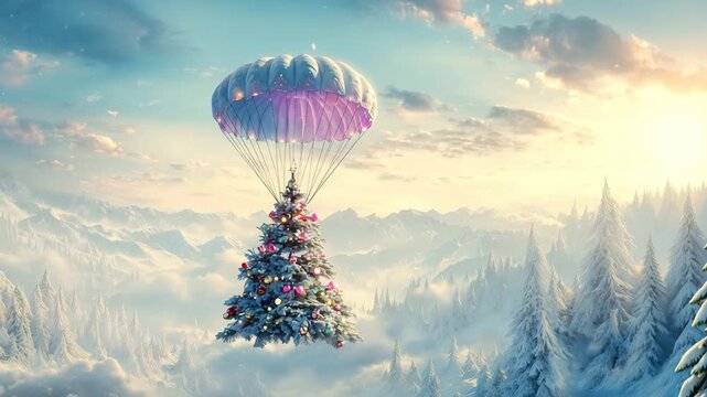 A decorated Christmas tree floats gently in a mountainous winter landscape, symbolizing the holiday spirit during the festive season