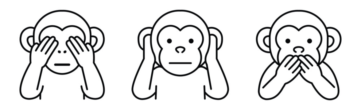three wise monkeys line icons