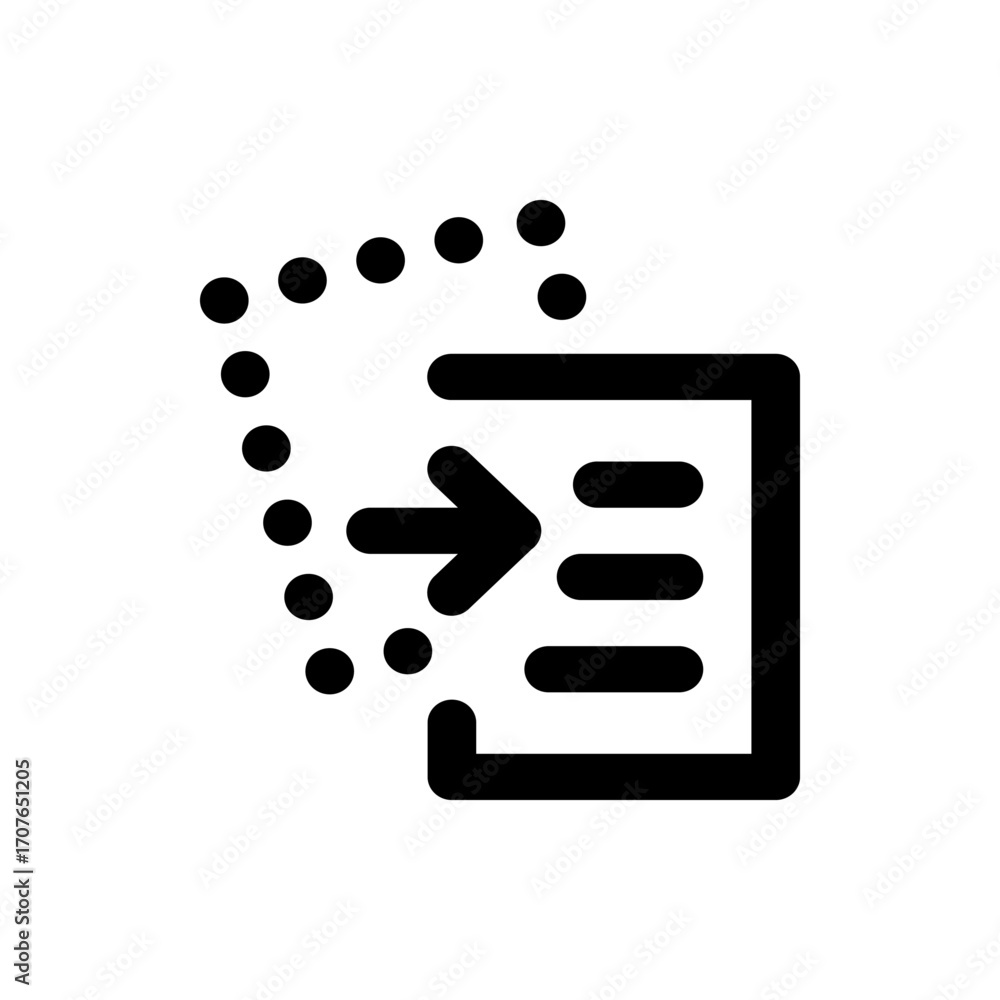 Poster black icon representing data import with an arrow pointing right and a dotted line on the left side