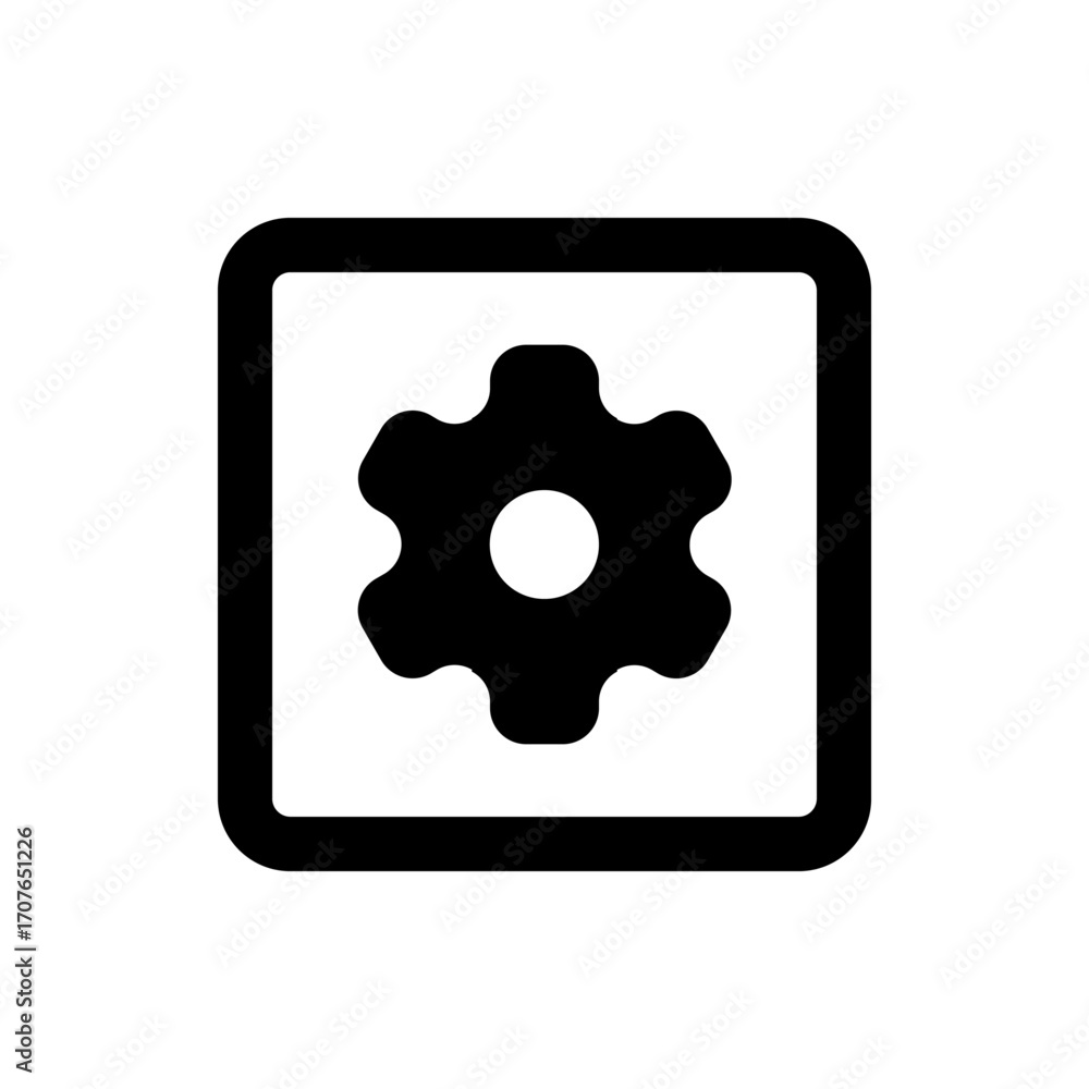 Poster black gear icon centered within a rounded square frame on a white background in a simple vector grap