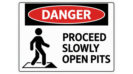 Danger proceed slowly, open pits safety warning sign caution advisory